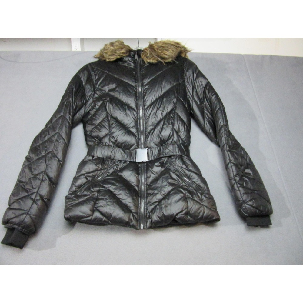 H&M Jacket Womens 0 Black Quilted Puffer Faux Fur Hood Belted